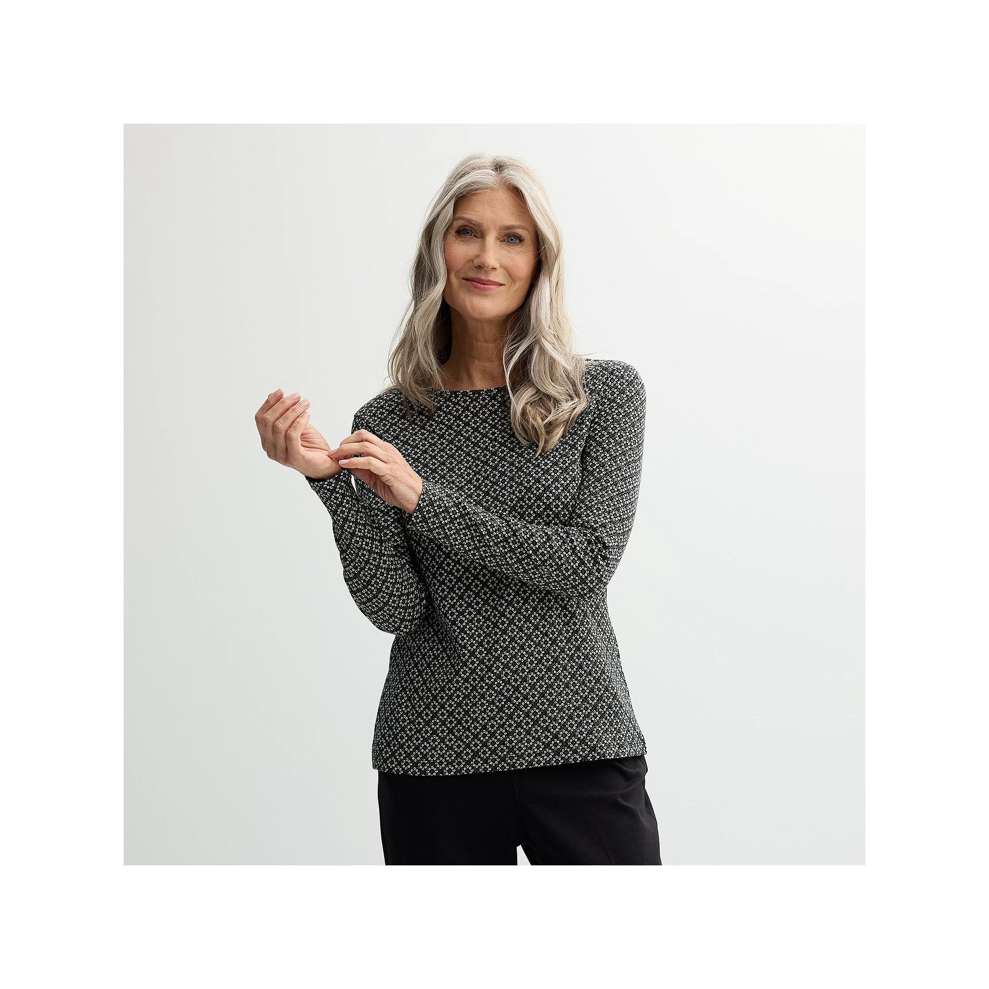 Women's Croft & Barrow® Essential Long-Sleeve Crewneck Tee, Size: XS, Black Texture Tile Product Image