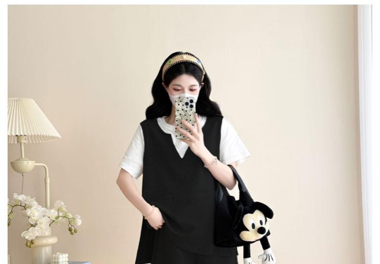 Maternity Set: Short-Sleeve Round Neck Mock Two Piece Tee + High Waist Plain Shorts Product Image