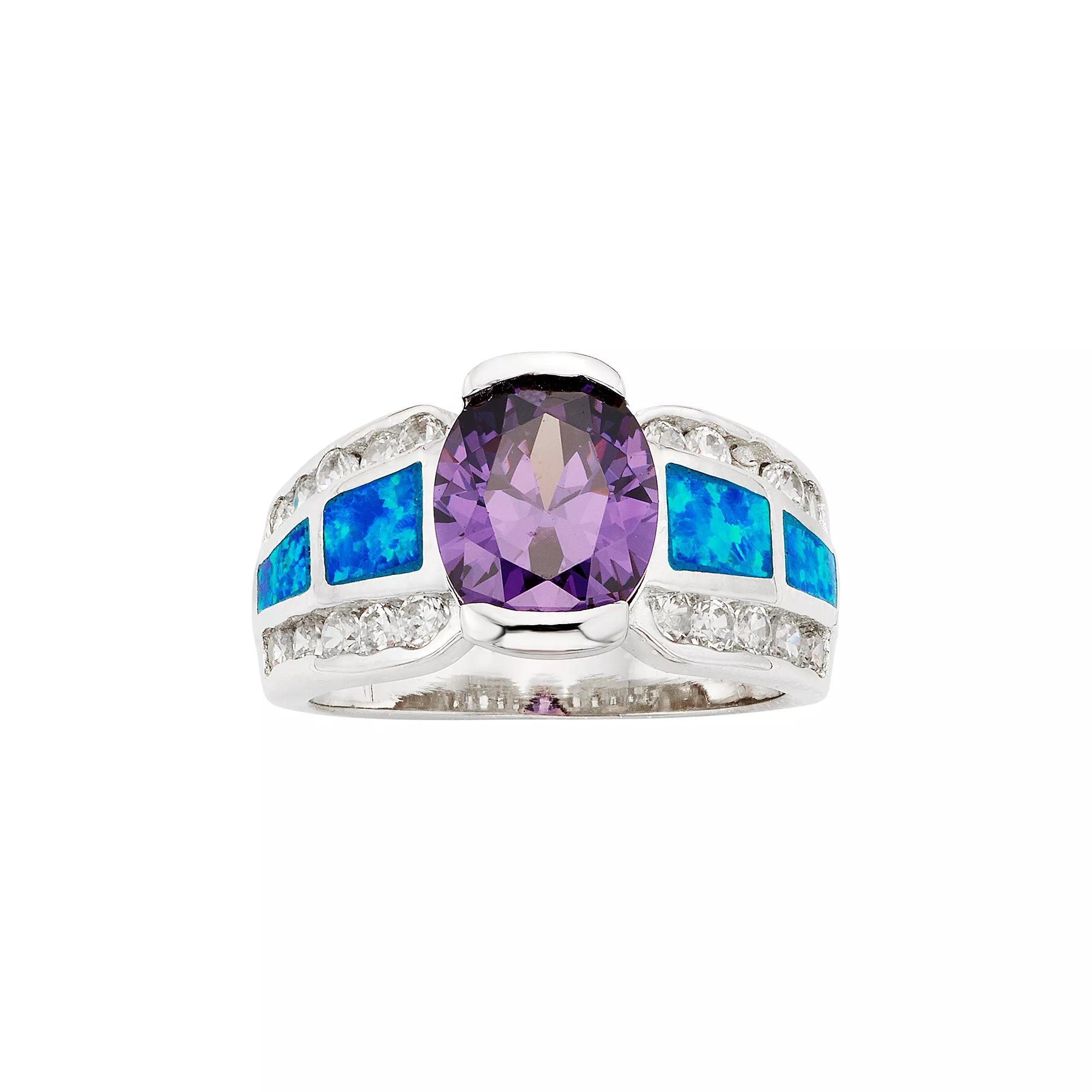 Cubic Zirconia & Lab-Created Blue Opal Sterling Silver Ring, Womens Multicolor Product Image