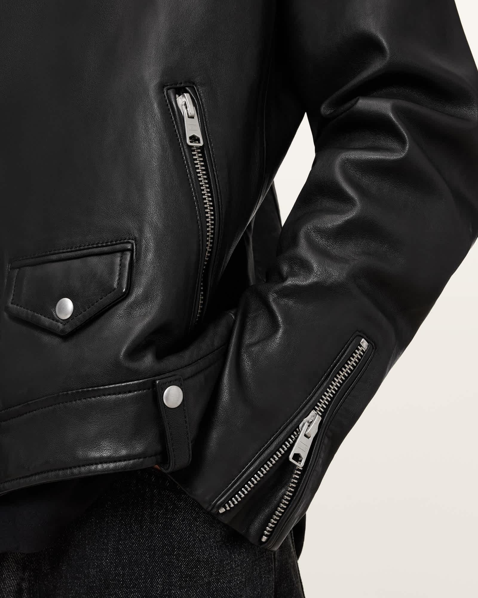 Milo Asymmetric Zip Leather Biker Jacket Black | ALLSAINTS US Product Image