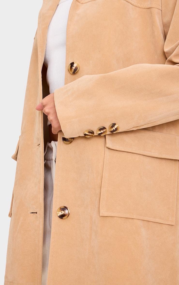 Beige Oversized Longline Faux Suede Blazer Coat Product Image