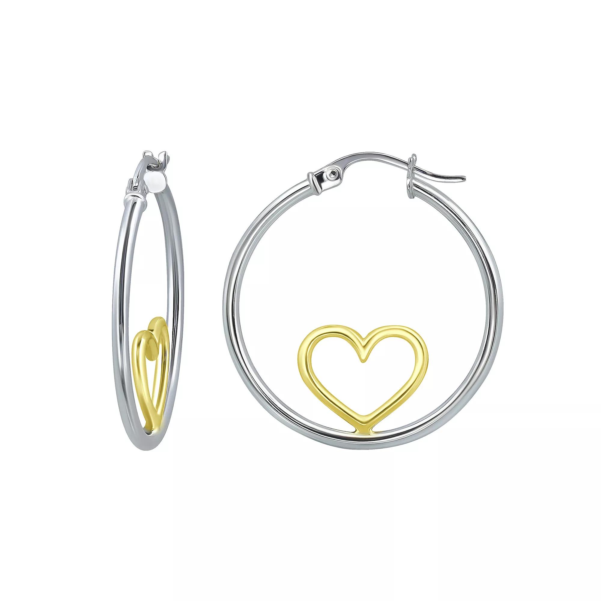 Aleure Precioso Sterling Silver Open Heart Center Hoop Earrings, Women's, Gold Tone Product Image
