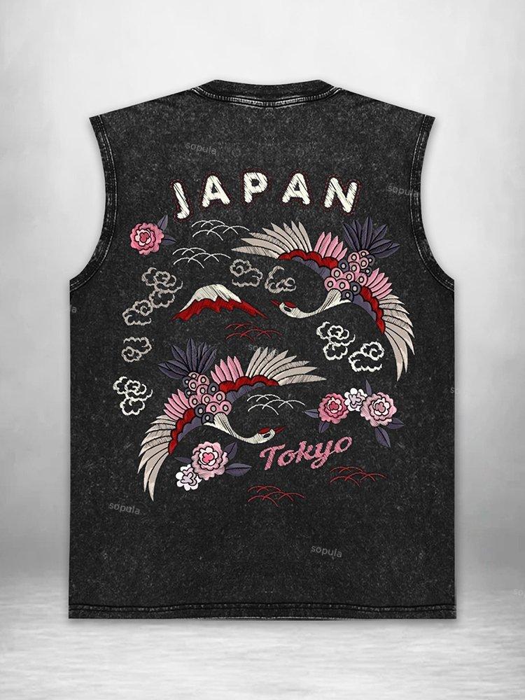 Vintage Sakura Crane Tokyo Graphic Acid Washed Tank Top Product Image