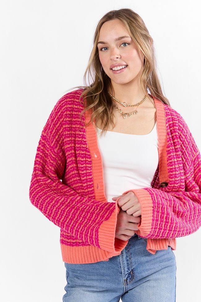 Triple Take Pink and Orange Woven Textured Knit Cardigan FINAL SALE Product Image