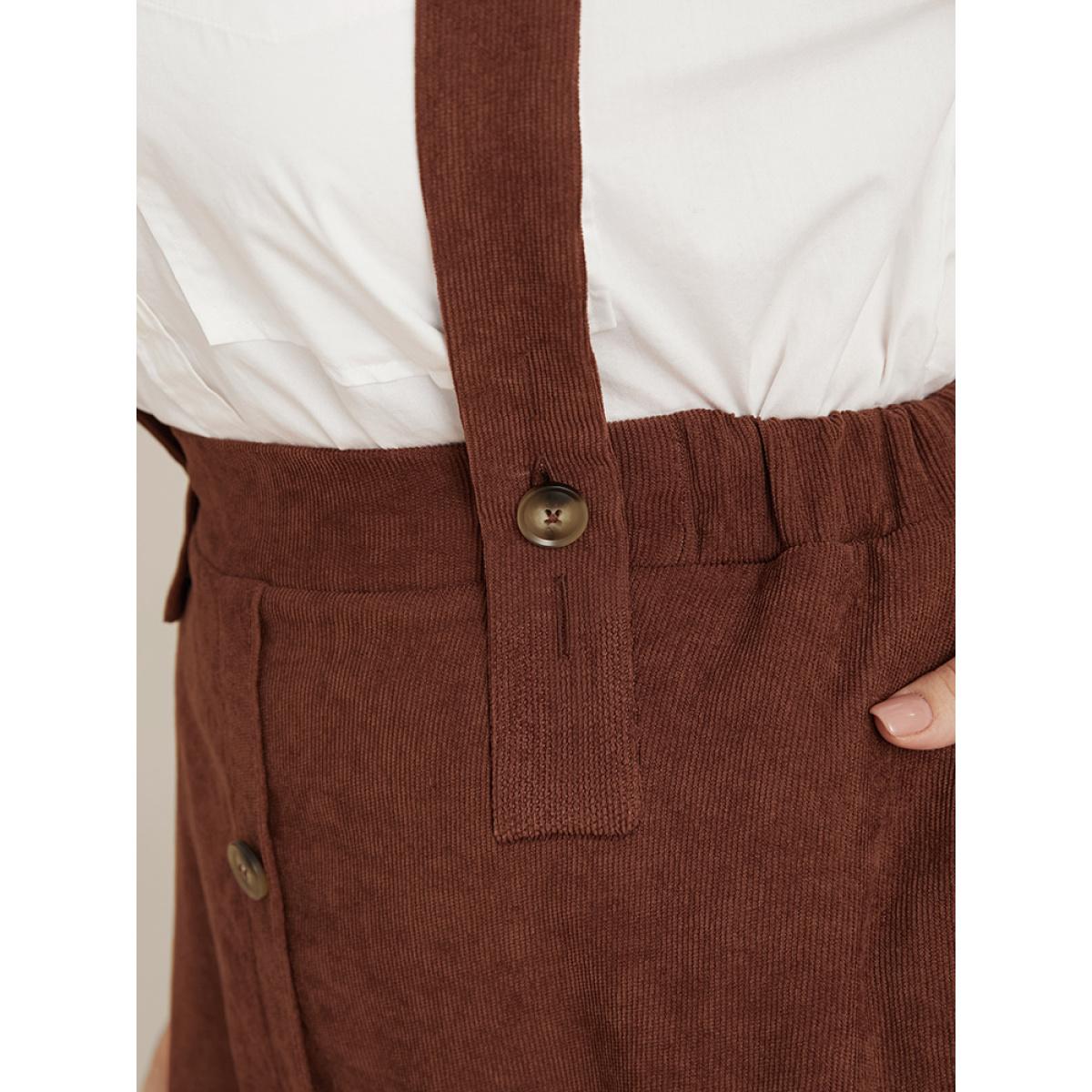 Plus Size Solid Button Detail Pocket Corduroy Suspender Skirt Women Brown Elegant Plain Loose No stretch Pocket Dailywear Skirts BloomChic 10/M Product Image