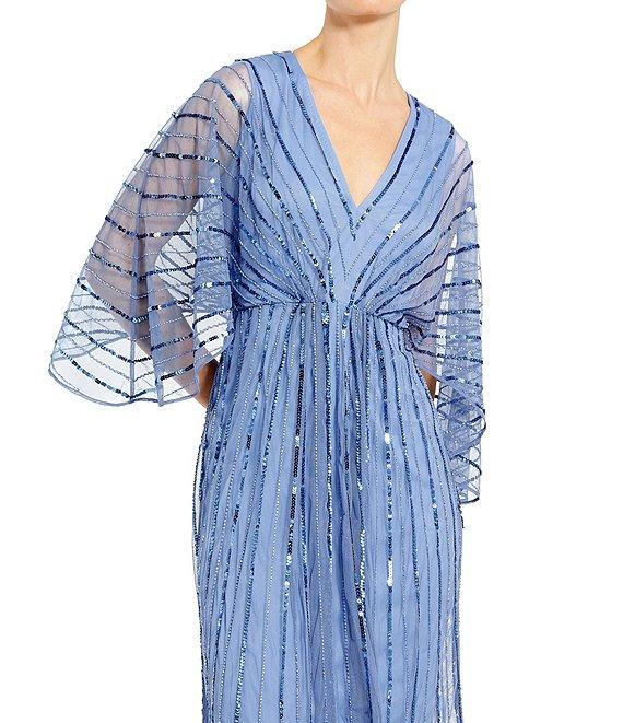 Mac Duggal Sequin Mesh Beaded Striping Kimono Sleeve V-Neck A-Line Midi Dress Product Image