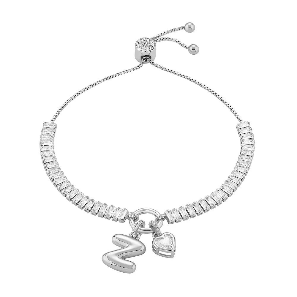 Brilliance Cubic Zirconia Heart & Polished Bubble Initial Charm Adjustable Bracelet, Women's, Size: 4-10" ADJ, Silver Tone Z Product Image