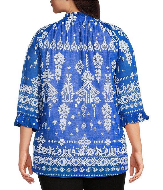 Calessa Plus Size Mesh Knit Split V-Neck 3/4 Sleeve Border Henna Print Tunic Product Image