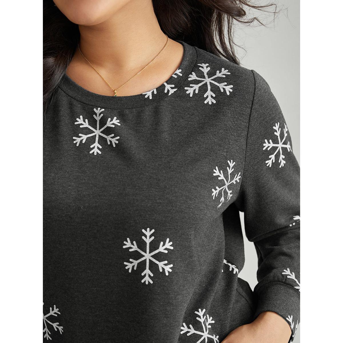 Plus Size Snowflake Print Round Neck Sweatshirt Women DimGray Casual Contrast Round Neck Festival-Christmas Sweatshirts BloomChic 28/5X Product Image