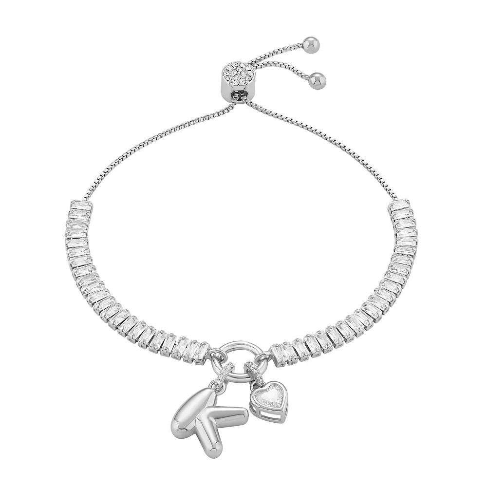 Brilliance Cubic Zirconia Heart & Polished Bubble Initial Charm Adjustable Bracelet, Women's, Size: 4-10" ADJ, Silver Tone K Product Image