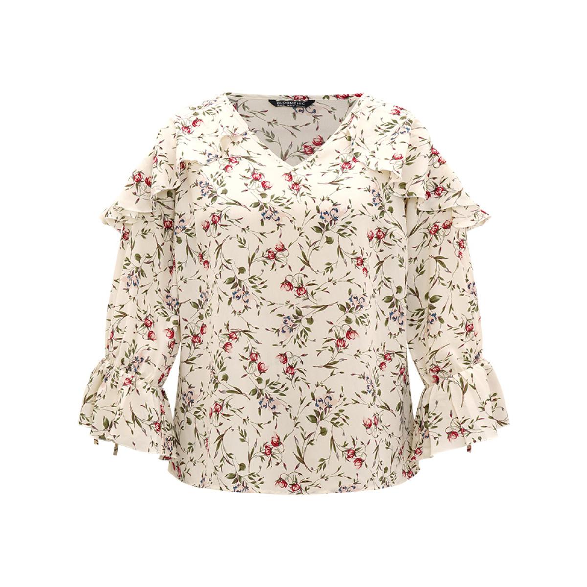 Plus Size Ivory Ditsy Floral Cold Shoulder Ties Ruffle Trim Blouse Women Elegant Long Sleeve V-neck Dailywear Blouses BloomChic 26/4X Product Image