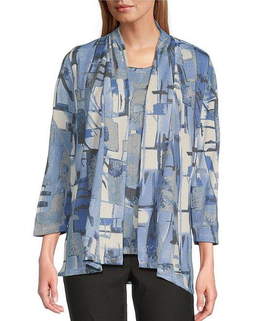 Multiples Knit Block Multi Long Sleeve Open-Front Matching Tank Top Set Product Image