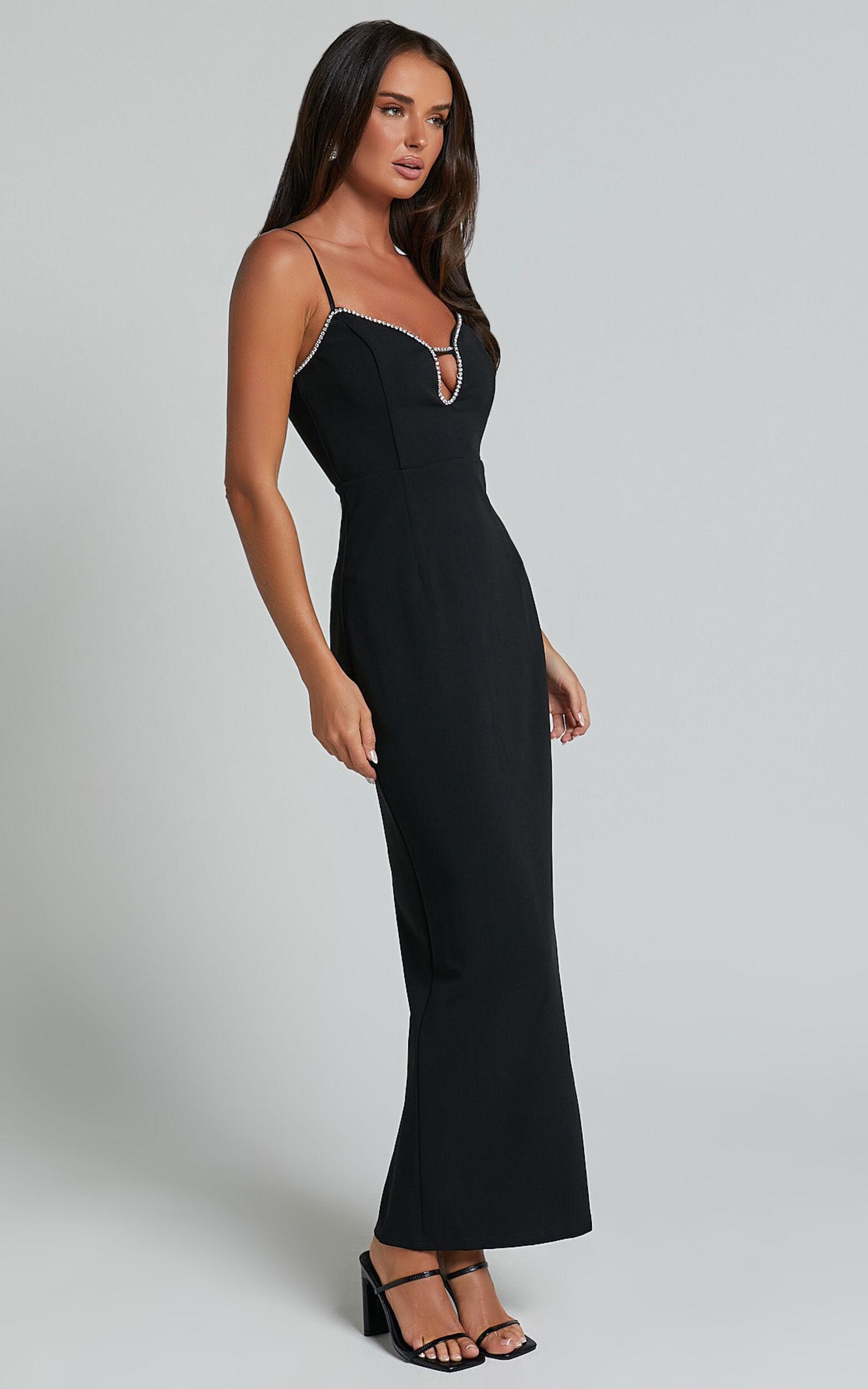 Felicity Midi Dress - Plunge Diamante Detail Dress in Black Product Image