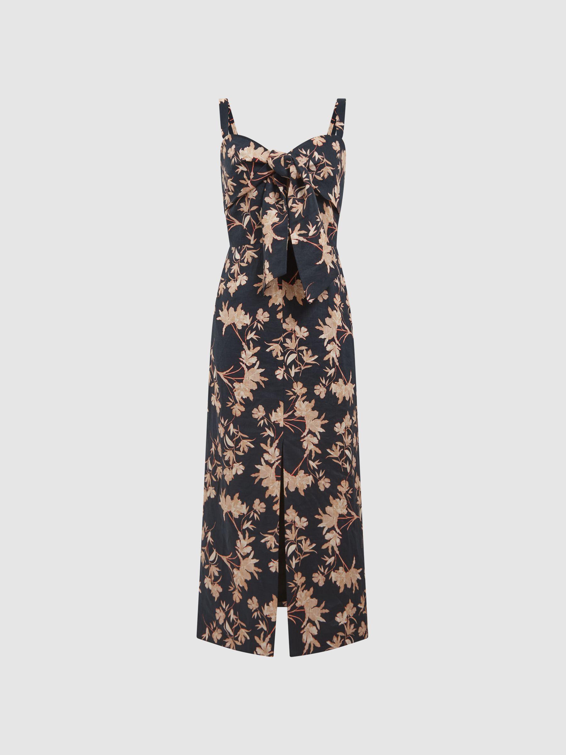 Floral Print Linen Midi Dress in Black/Blush Product Image