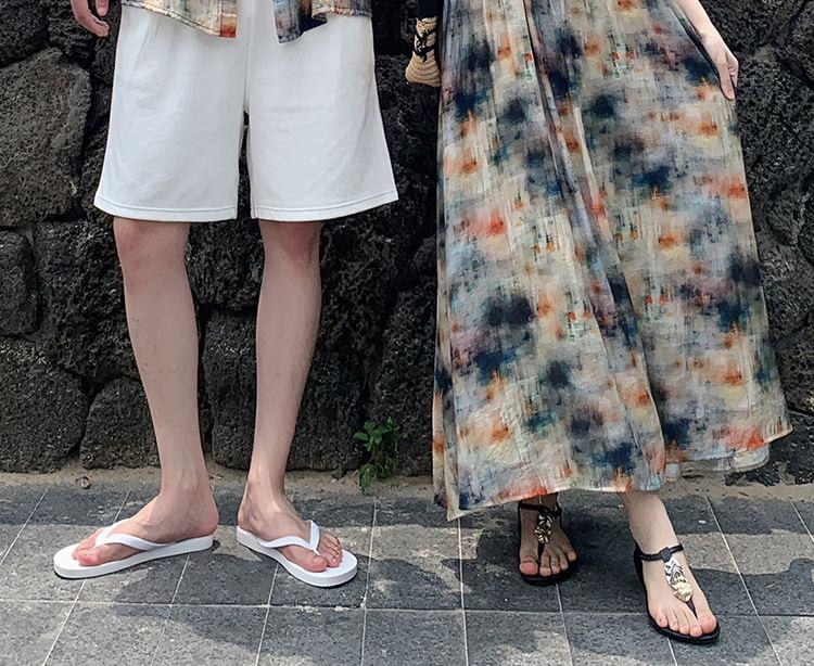 Couple Matching Short-Sleeve Collared Tie-Dye Button Up Shirt / Spaghetti Strap V-Neck Tie-Dye Maxi A-Line Dress / Plain Shorts Product Image
