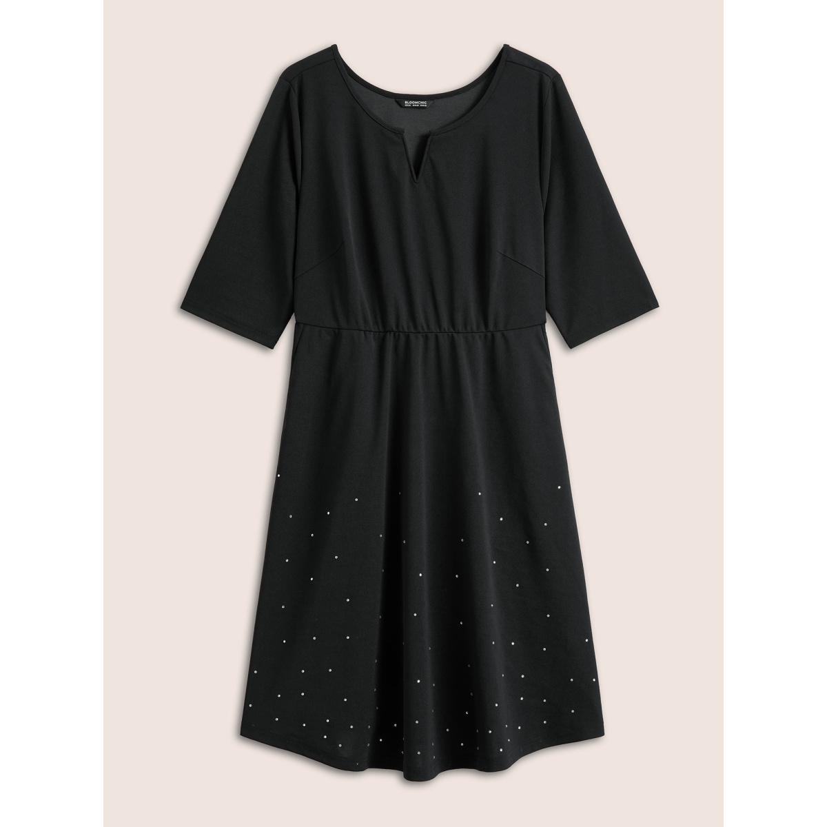 Plus Size Rhinestone Notched Pocket Curved Hem Dress Black Women Glamour Rhinestone detailing Notched collar Half Sleeve Curvy Midi Dress BloomChic 12/L Product Image