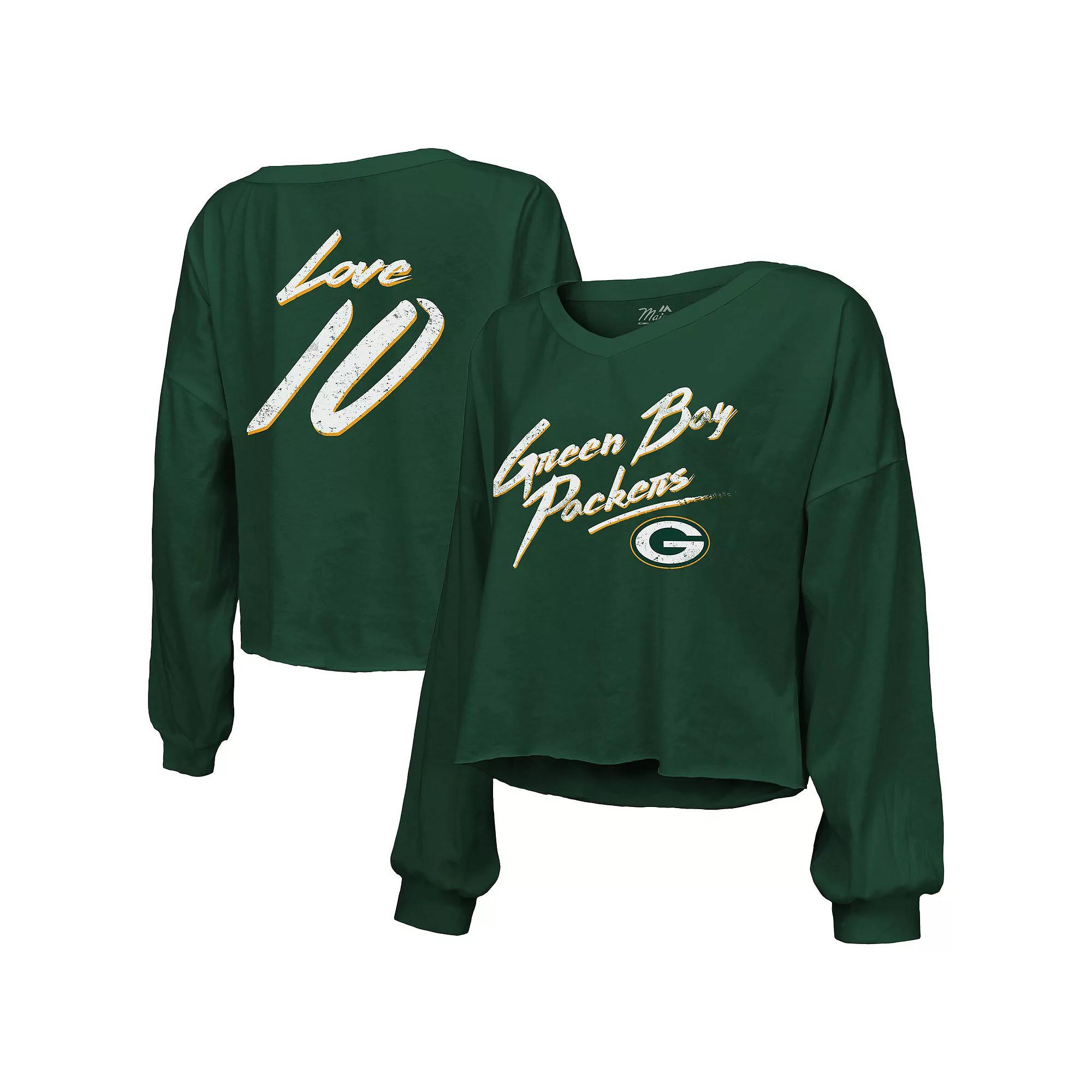 Women's Majestic Threads Jordan Love Green Green Bay Packers Name & Number Off-Shoulder Script Cropped Long Sleeve V-Neck T-Shirt,  Product Image