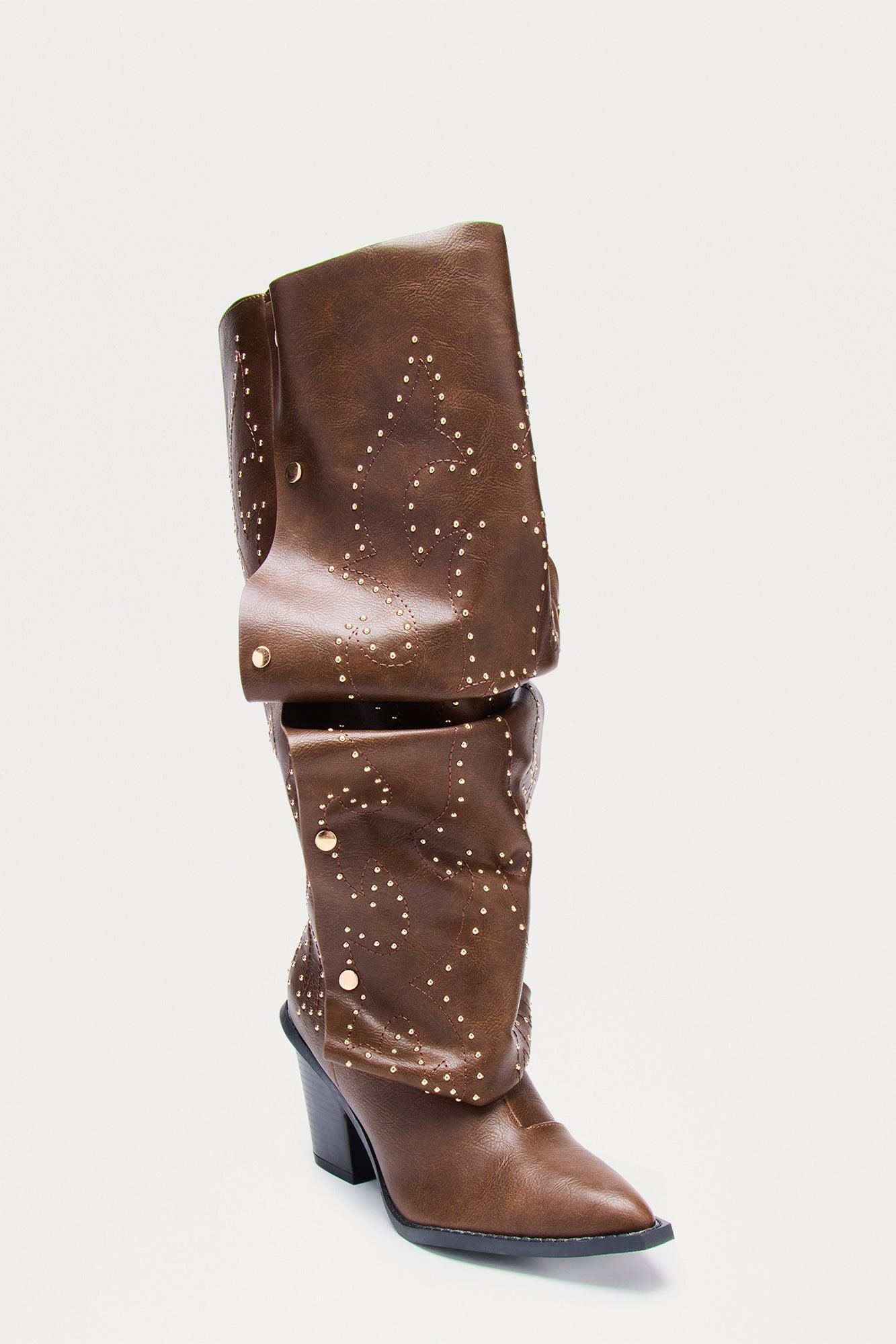 Armor Studded Knee High Boots - Brown Female Product Image
