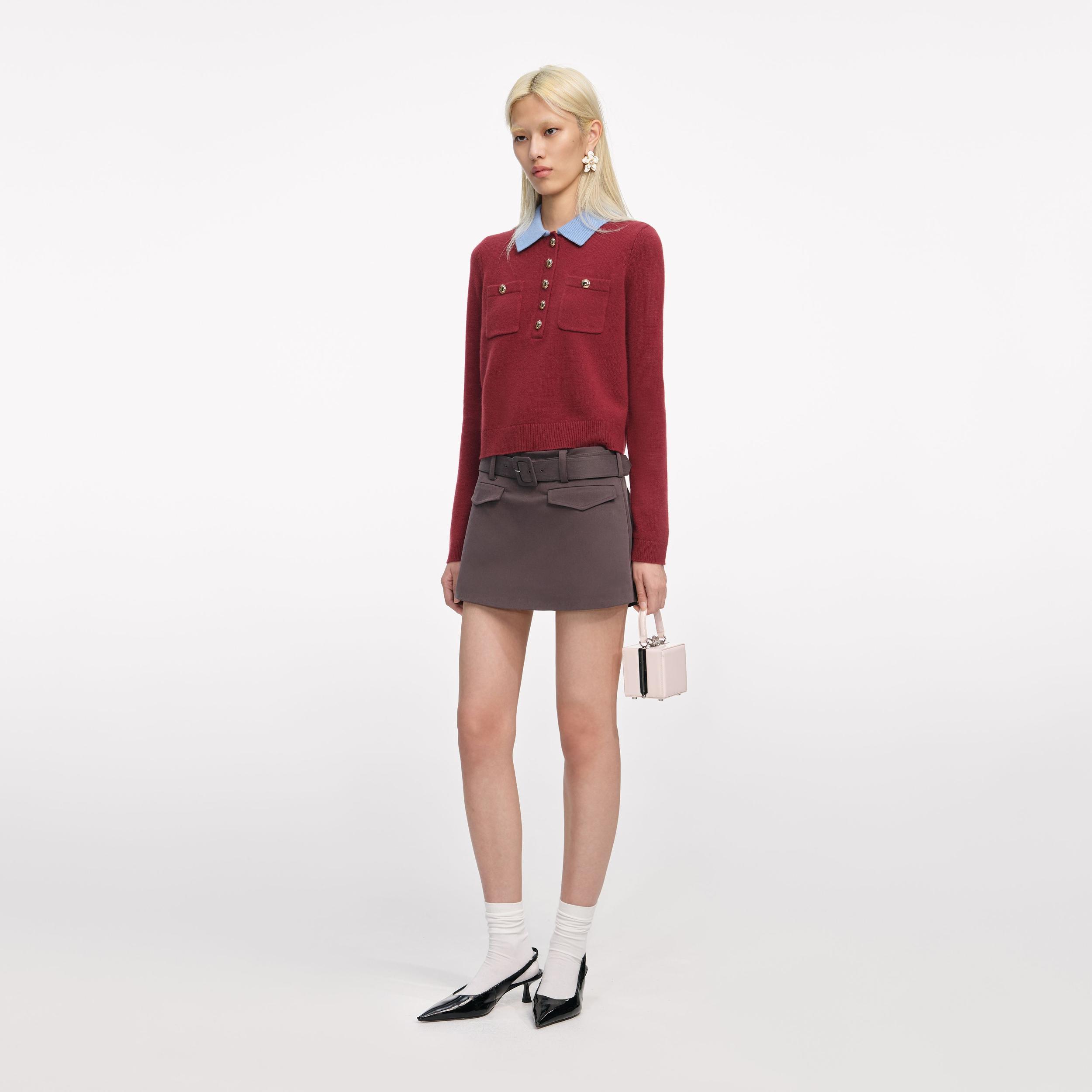 Burgundy Contrast Collar Knit Top Product Image
