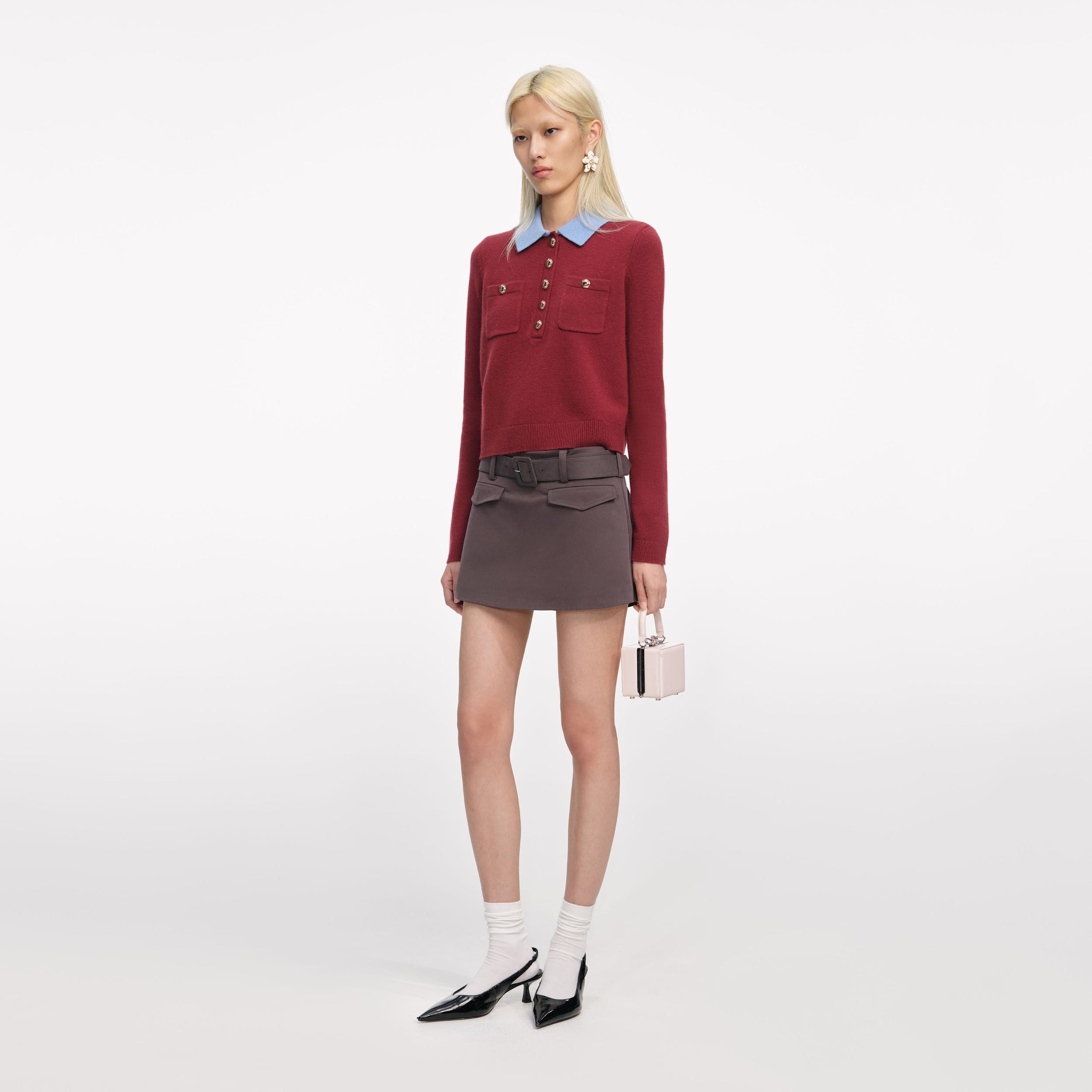 Burgundy Contrast Collar Knit Top Product Image