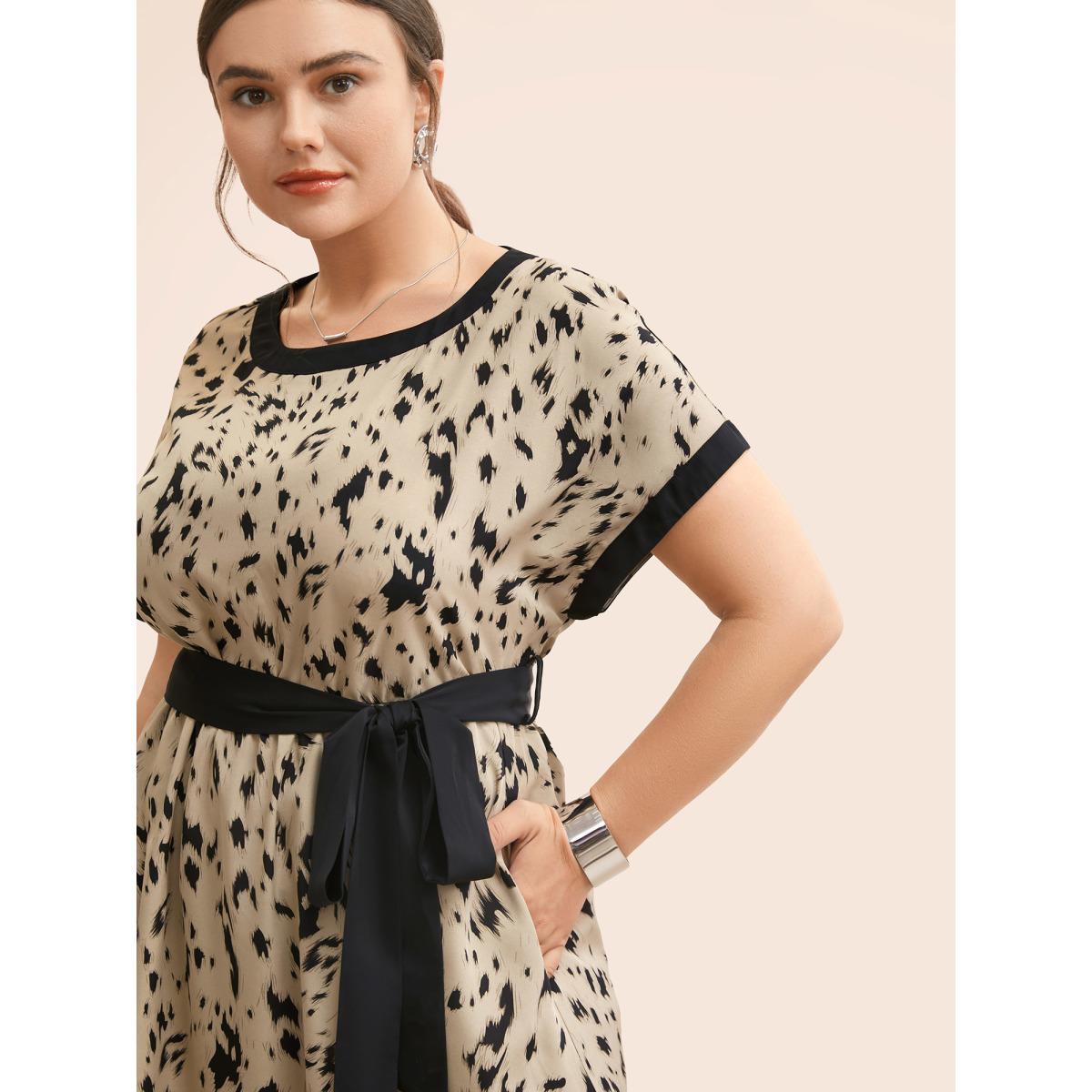 Plus Size Leopard Print Contrast Trim Dolman Sleeve Dress Leopard Women At the Office Belted Round Neck Short sleeve Curvy BloomChic 10/M Product Image