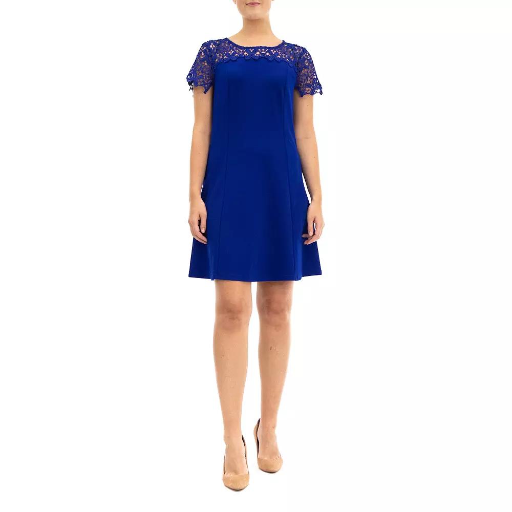 Women's Nina Leonard Lace-Yoke Cap Sleeve A-Line Dress,  Product Image
