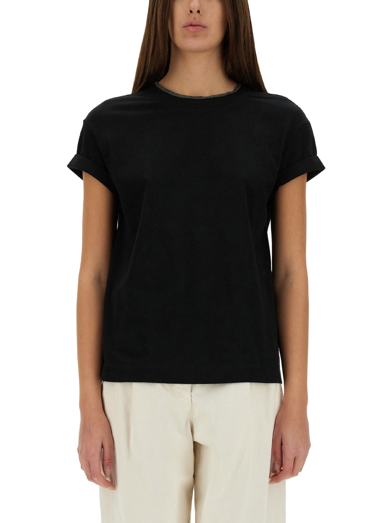 BRUNELLO CUCINELLI Women Stretch Cotton Jersey T-shirt With Precious Faux-layering In Black Product Image