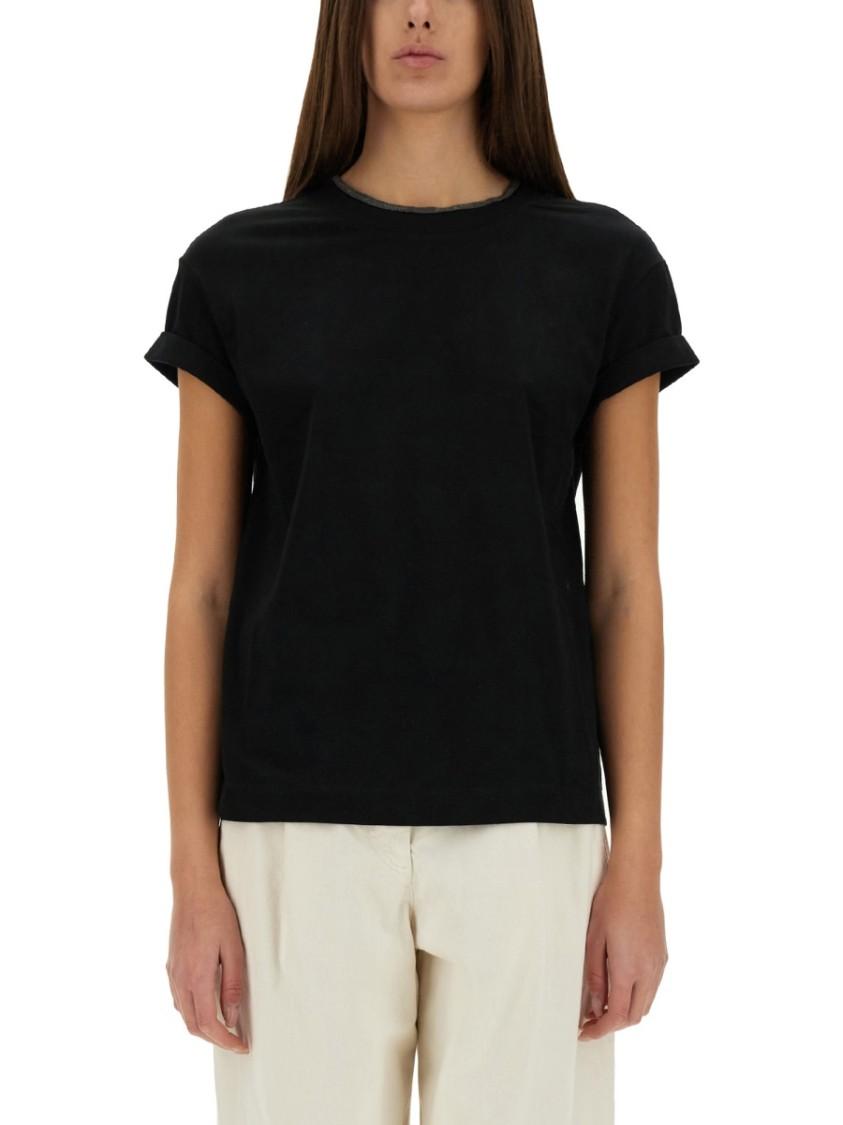 BRUNELLO CUCINELLI Women Stretch Cotton Jersey T-shirt With Precious Faux-layering In Black Product Image