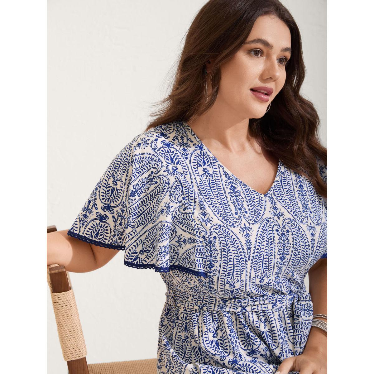 Plus Size Rayon Paisley Print Cinched-Waist Midi Dress DarkBlue Women V-neck Short sleeve Curvy BloomChic 30/6X Product Image