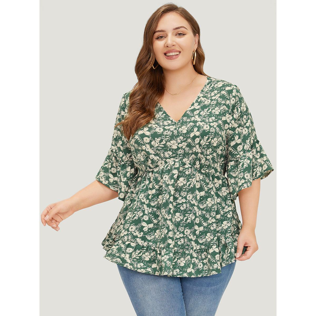 Plus Size Moss Ditsy Floral Bell Sleeve Flutter Hem Blouse Women Elegant Short sleeve V-neck Dailywear Blouses BloomChic 10/M Product Image