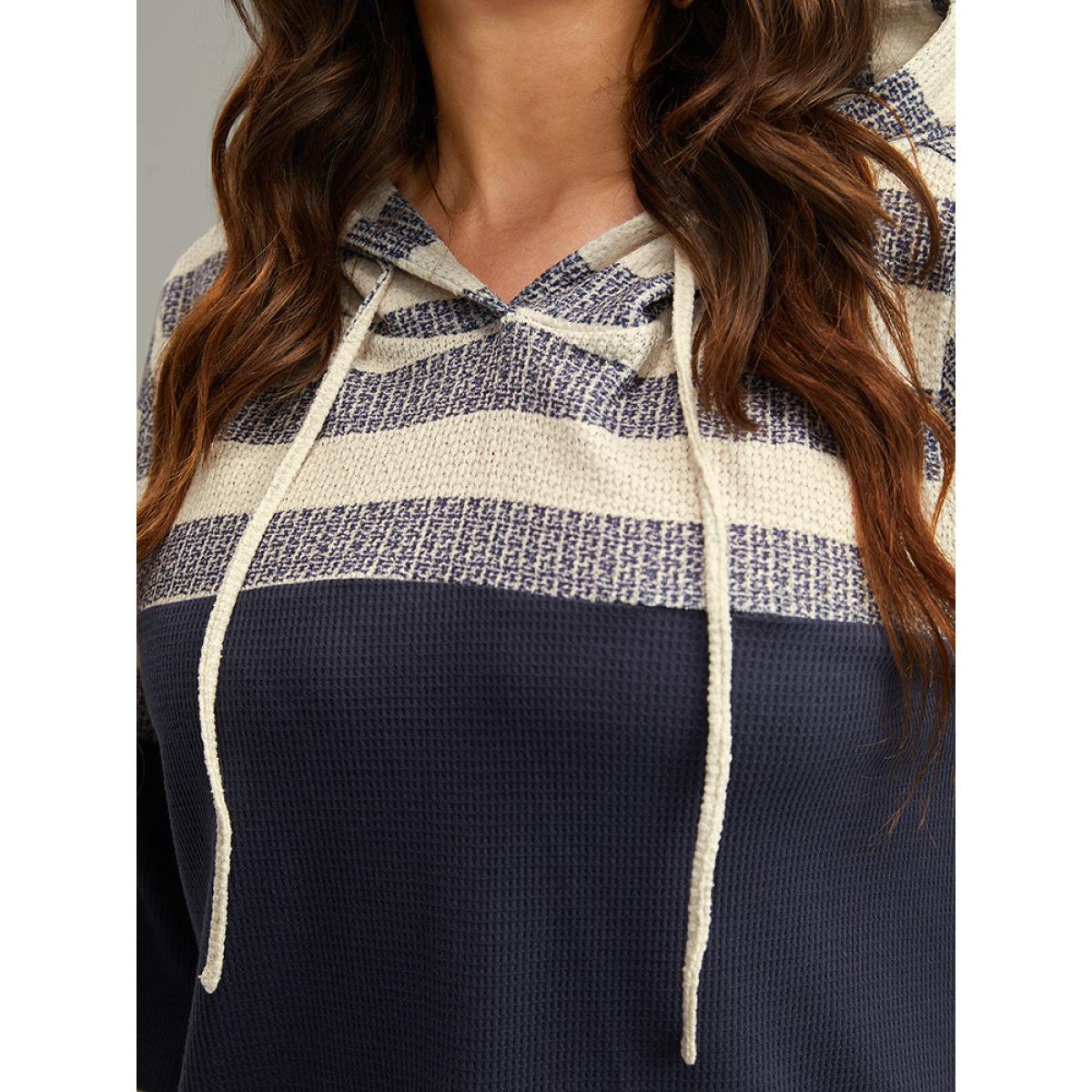 Plus Size Waffle Knit Striped Colorblock Hooded Sweatshirt Women Indigo Casual Contrast Hooded Dailywear Sweatshirts BloomChic 14-16/1X Product Image