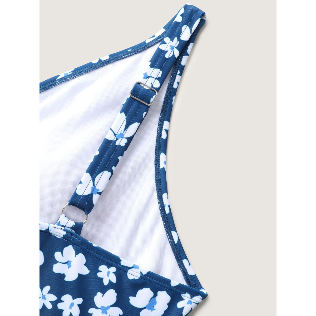 Plus Size Floral Print Contrast Swim Dress Women's Swimwear Indigo Resort Bodycon Overlap Collar High stretch Curve Swim Dresses BloomChic 30/6X Product Image