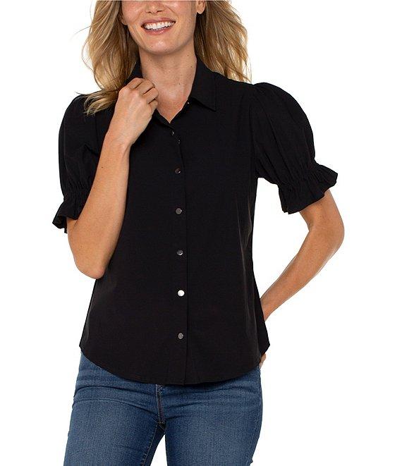 Liverpool Los Angeles Tech Knit Spread Collar Elbow-Length Puff Sleeve Button-Front Shirt Product Image