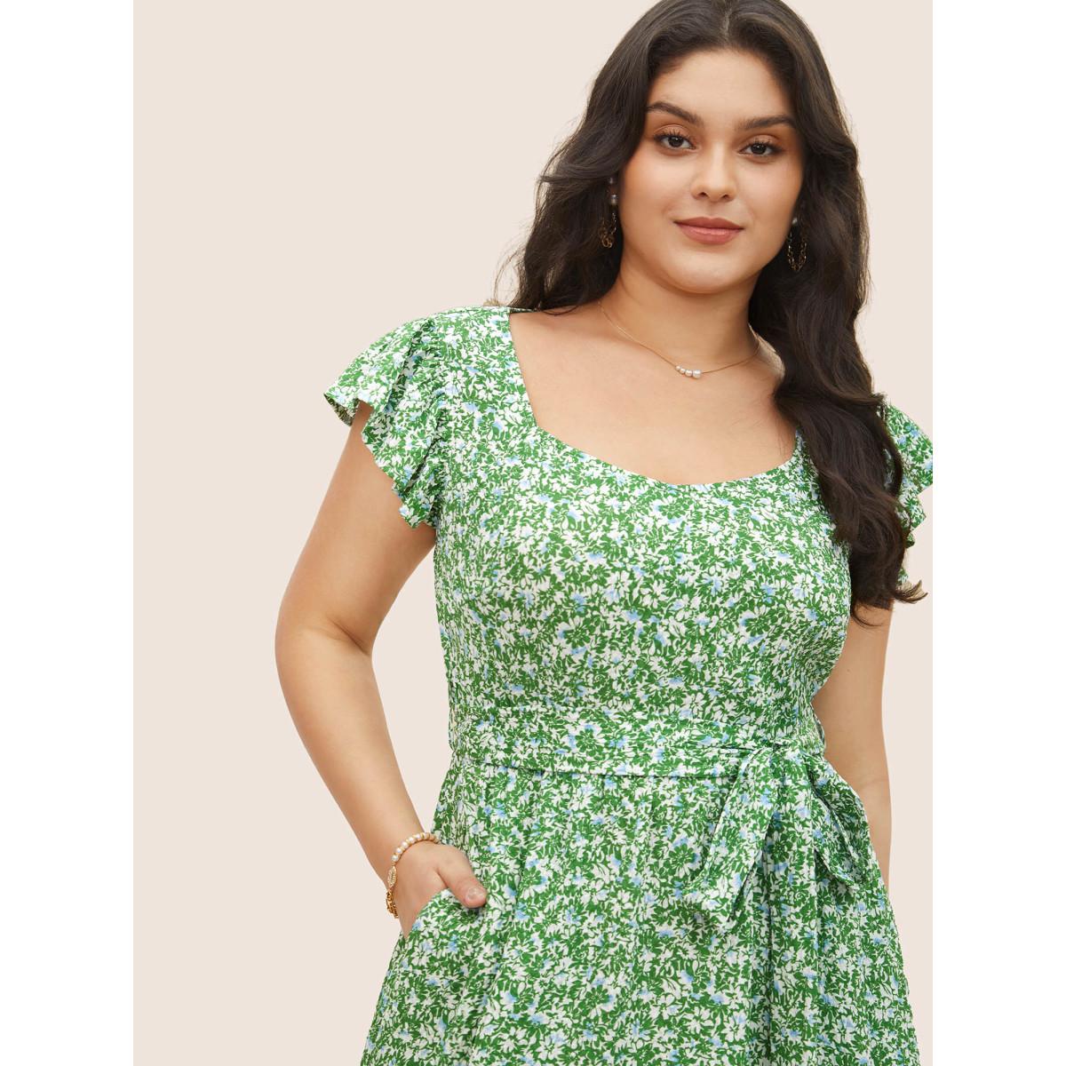 Plus Size Ditsy Floral Belted Flutter Cap Sleeve Dress Green Women Elegant Non Square Neck Cap Sleeve Curvy Midi Dress BloomChic 26/4X Product Image