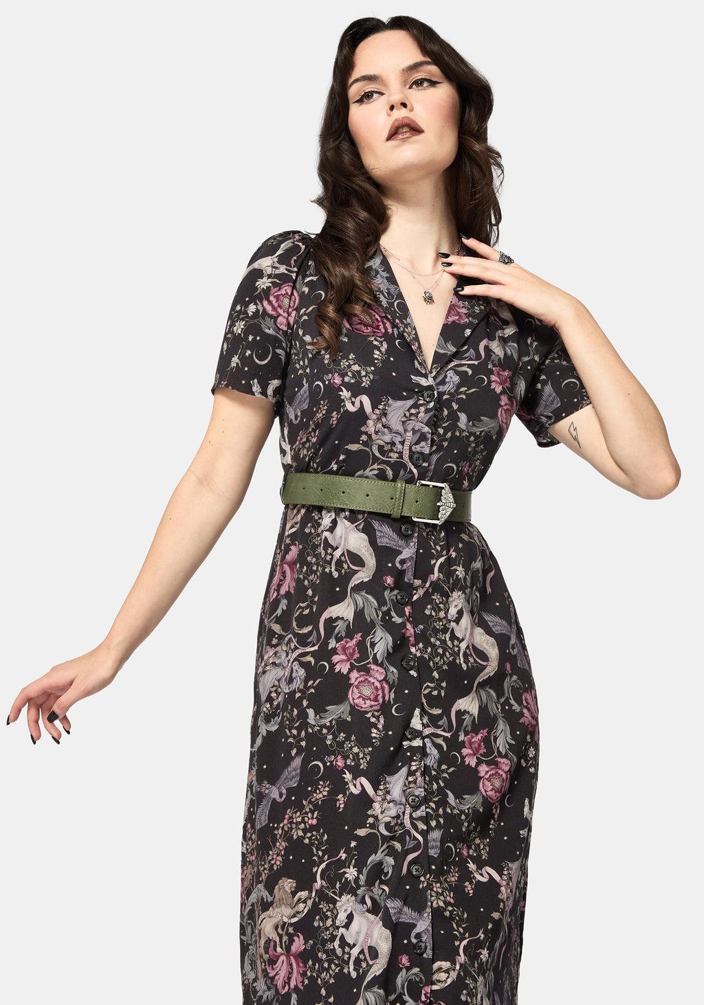 Merunicorn Enchanted Forest Print Puff Sleeve Midi Dress Product Image