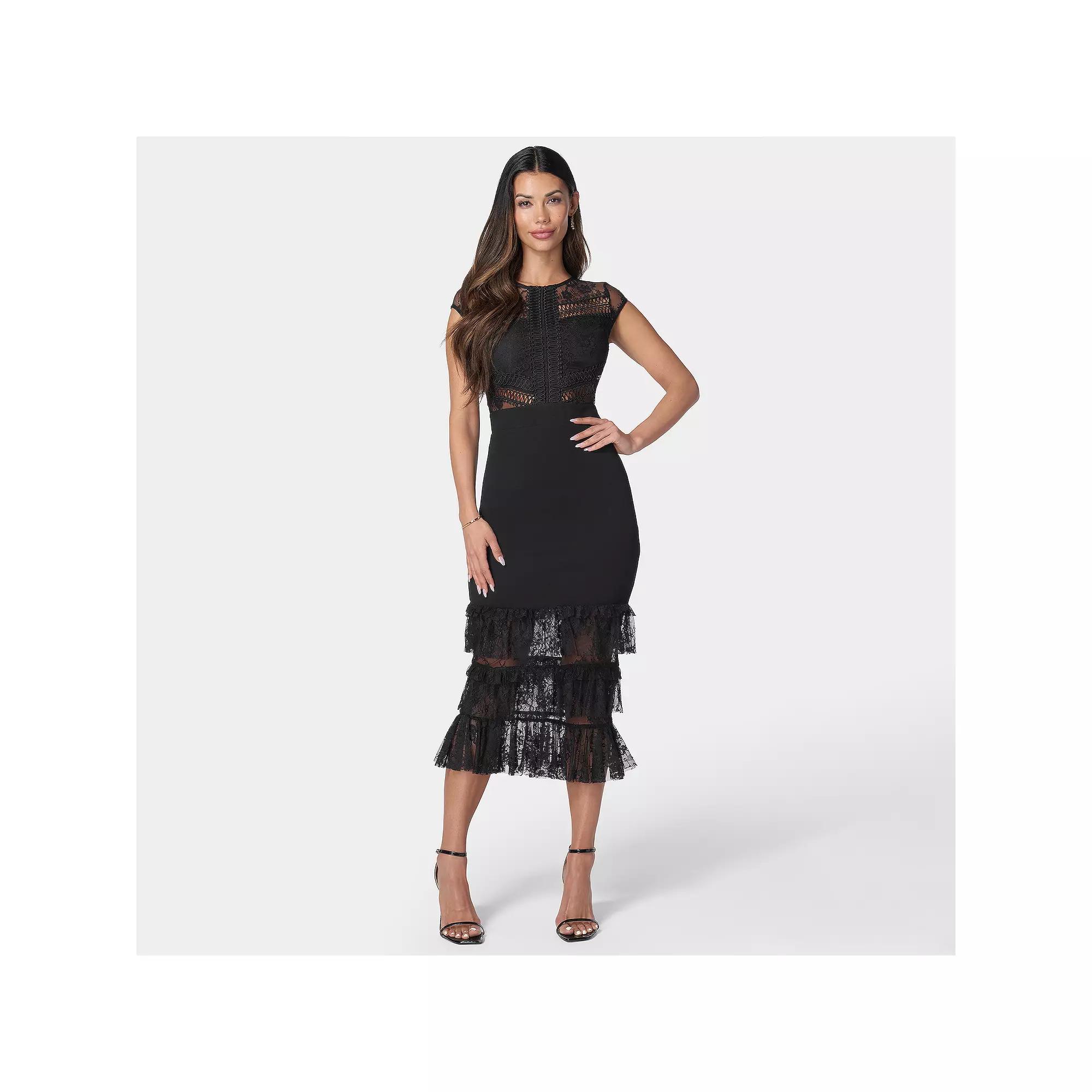 Women's bebe Tiered Lace Midi Dress, Size: XL, Black Product Image