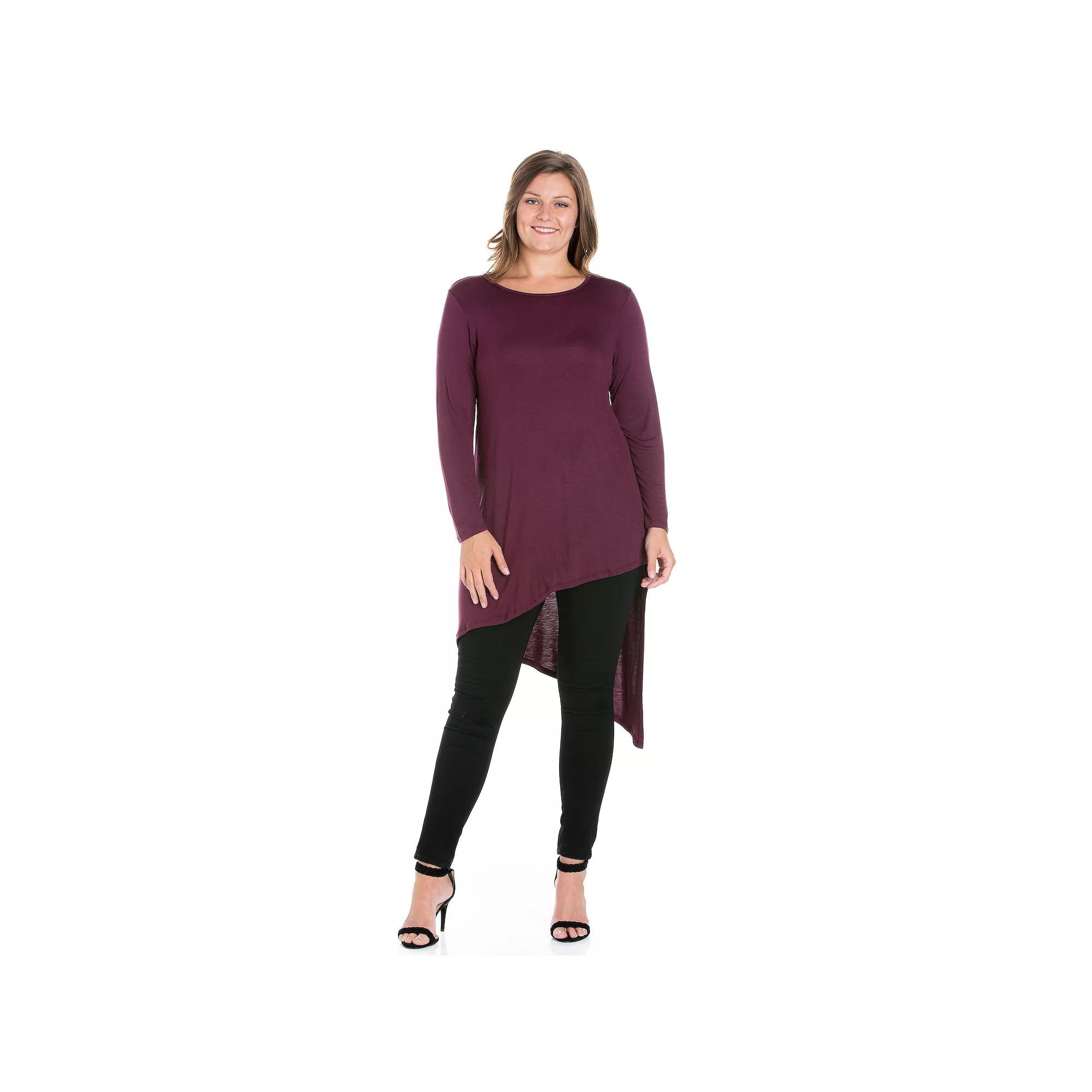 Plus Size 24Seven Comfort Apparel Long Sleeve Knee Length Asymmetrical Tunic Top, Womens Purple Product Image