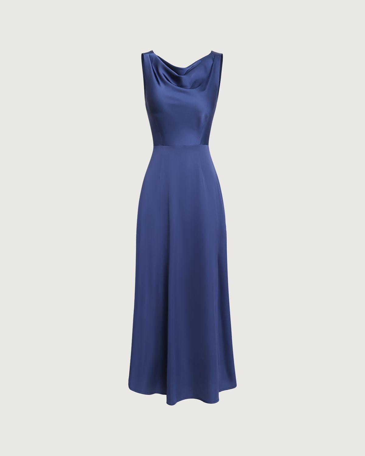 Navy Cowl Neck Satin Sleeveless Maxi Dress Product Image