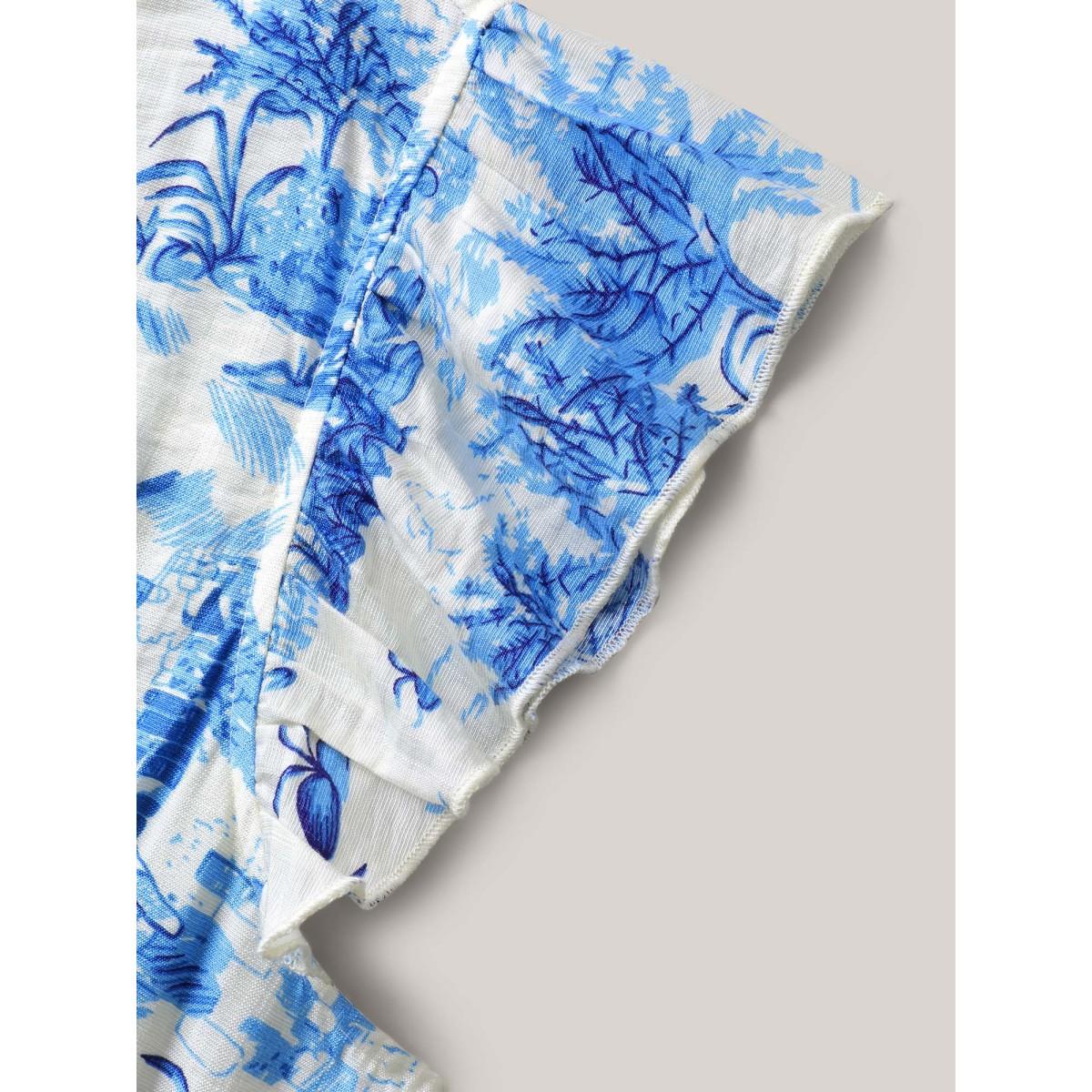 Plus Size Landscape Floral Print Cinched-Waist Maxi Dress Skyblue Women V-neck Cap Sleeve Curvy BloomChic 10/M Product Image