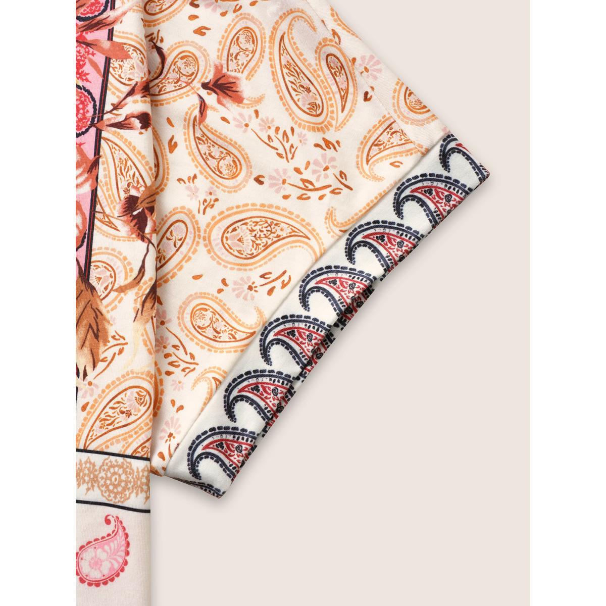 Plus Size Round Neck Boho Print Patchwork T-shirt Multicolor Women Casual Contrast Art&design Round Neck Everyday T-shirts BloomChic 10/M Product Image