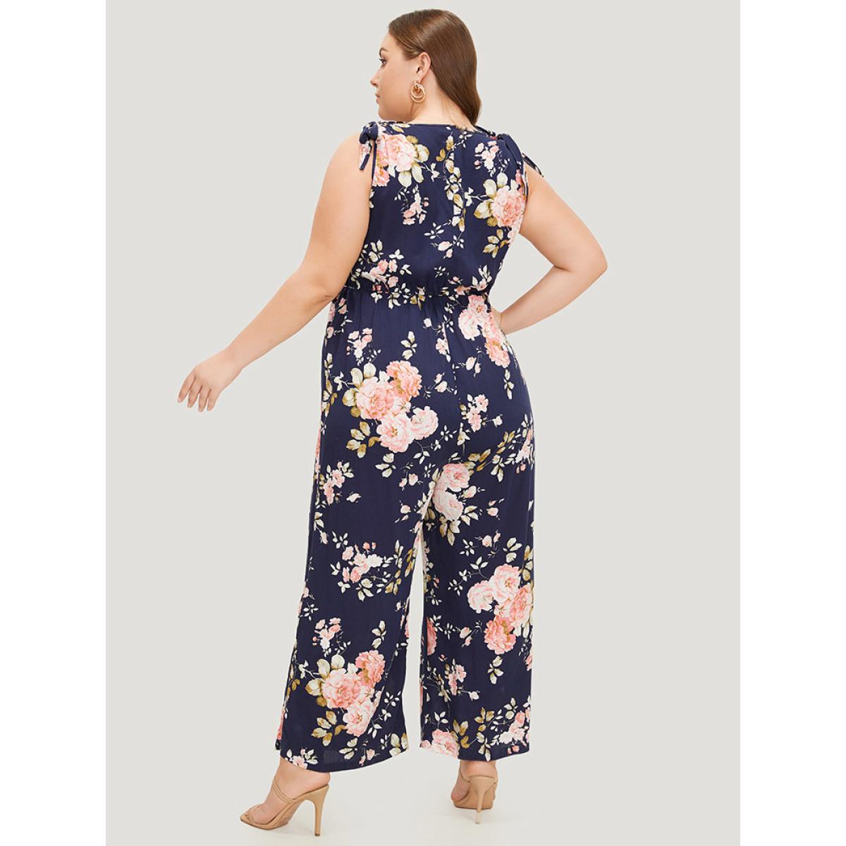 Plus Size DarkBlue Floral Belt Pocket Knot Shoulder Jumpsuit Women Elegant Sleeveless Spaghetti Strap Dailywear Loose Jumpsuits BloomChic 14-16/1X Product Image