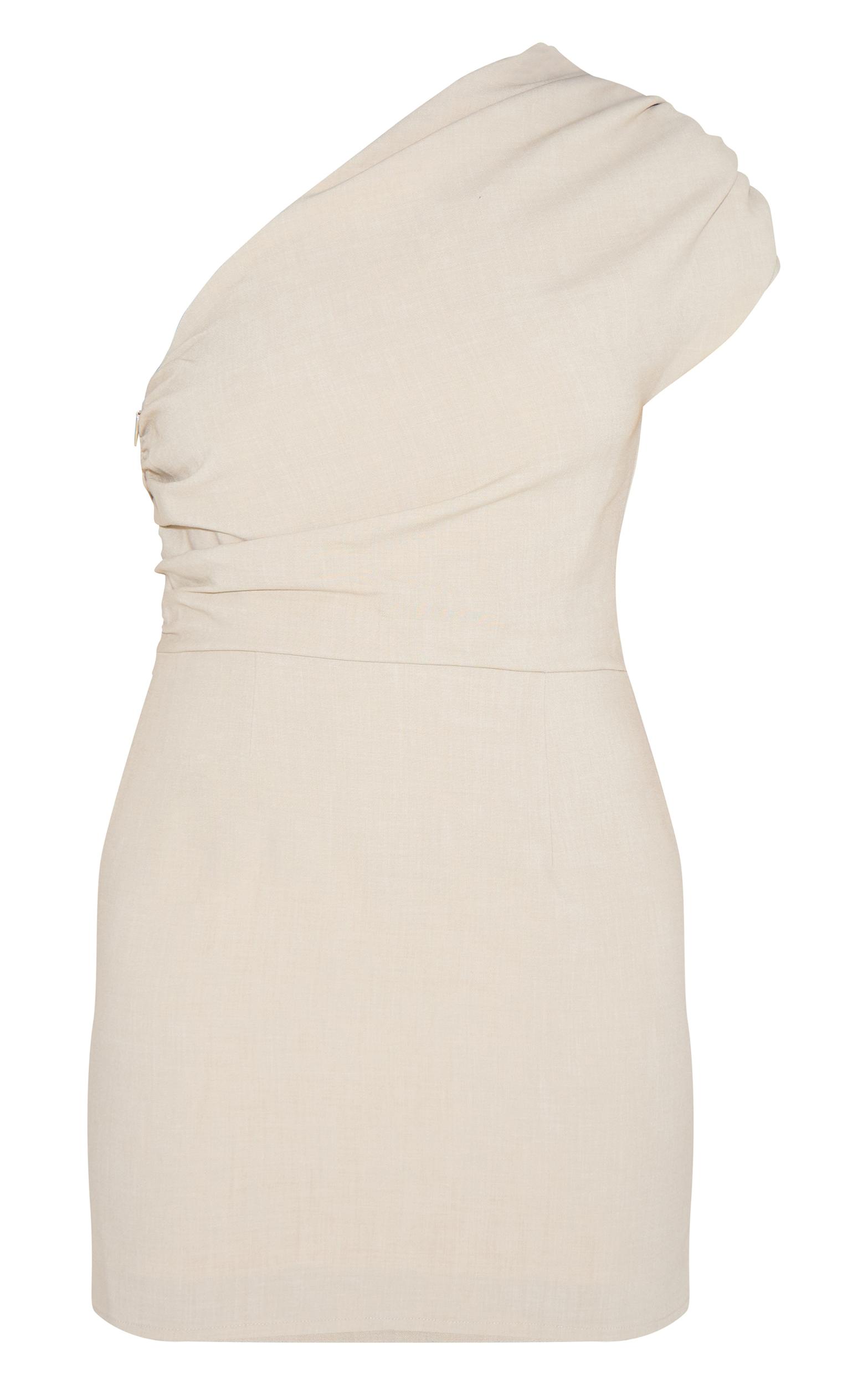  Sand Woven Ruched One Shoulder Mini Dress Product Image
