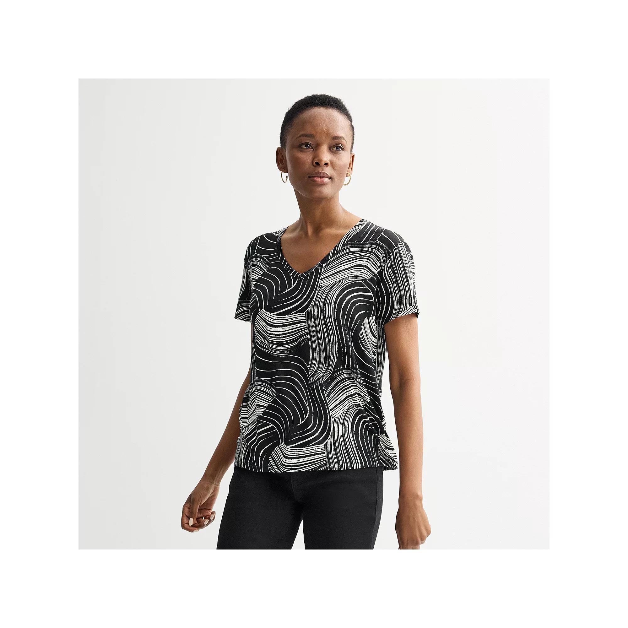 Women's Nine West Essential V-Neck T-Shirt, Size: XL, Black Midcomb Abstract Product Image