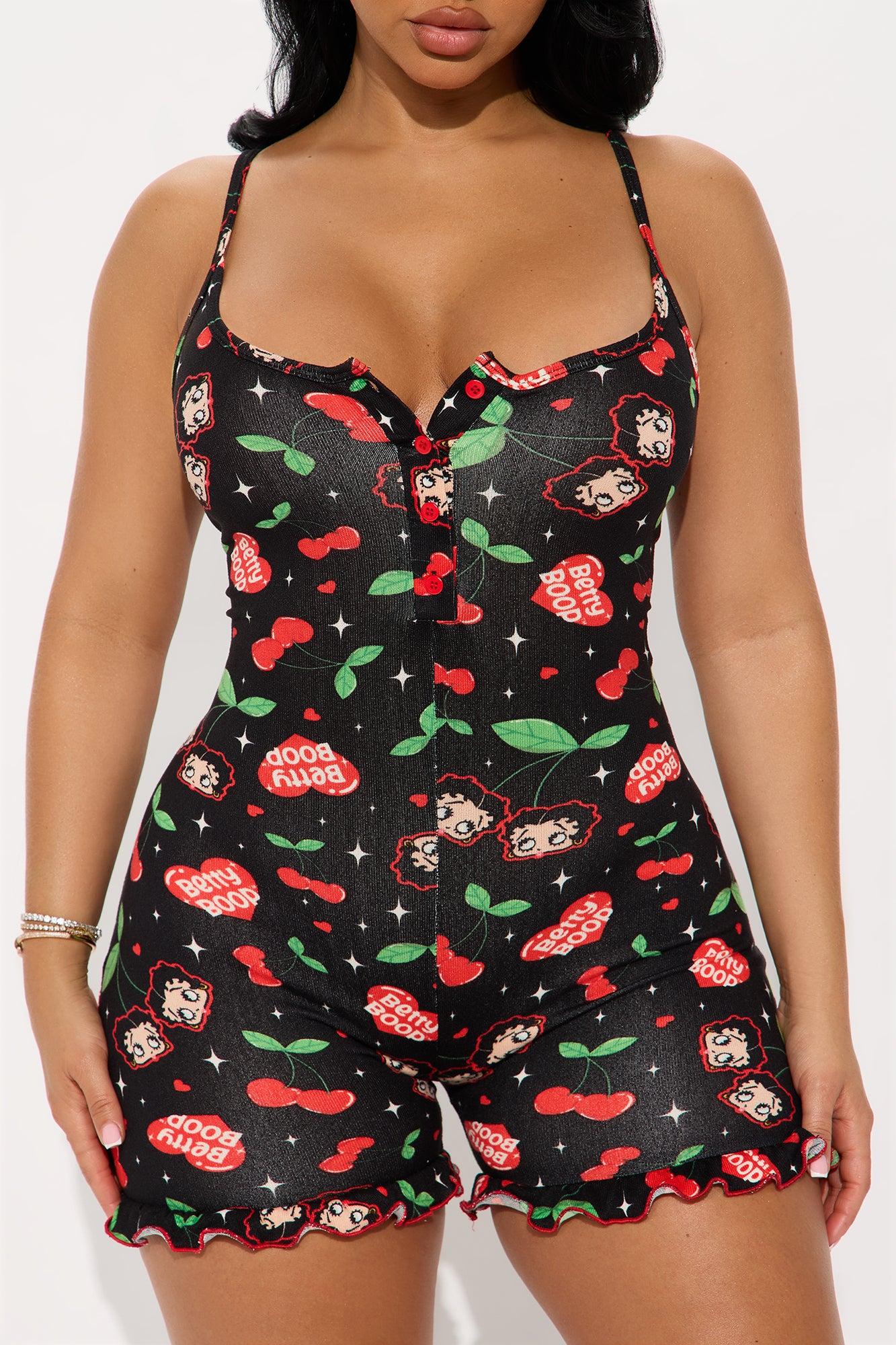 Betty Boop Cherries Cami PJ Romper Onesie - Black/Red Female Product Image