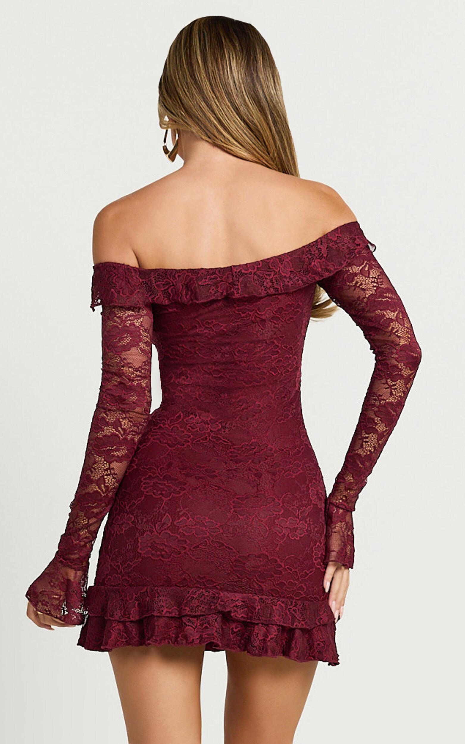 Theresa Mini Dress - Off Shoulder Tie Front Dress in Wine Product Image