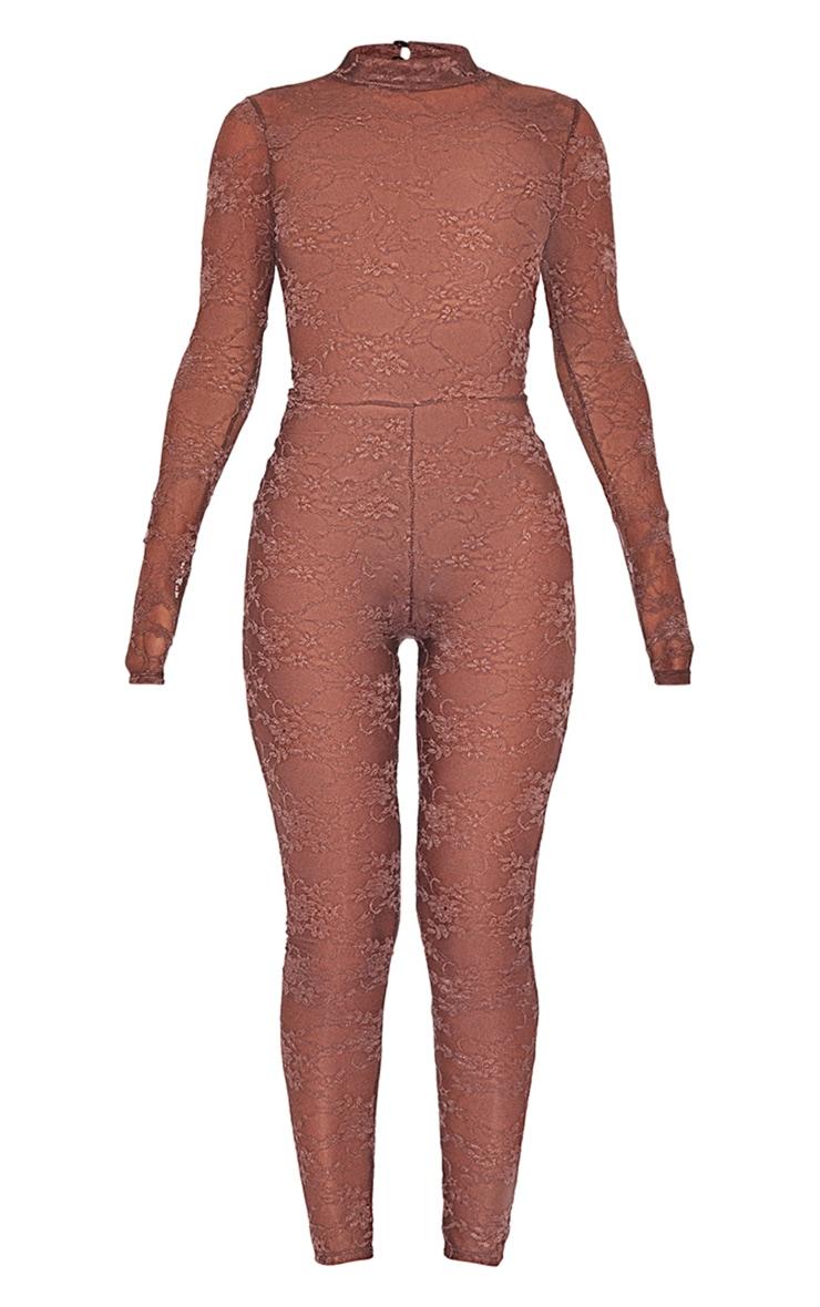 Chocolate Brown Floral Lace High Neck Jumpsuit Product Image
