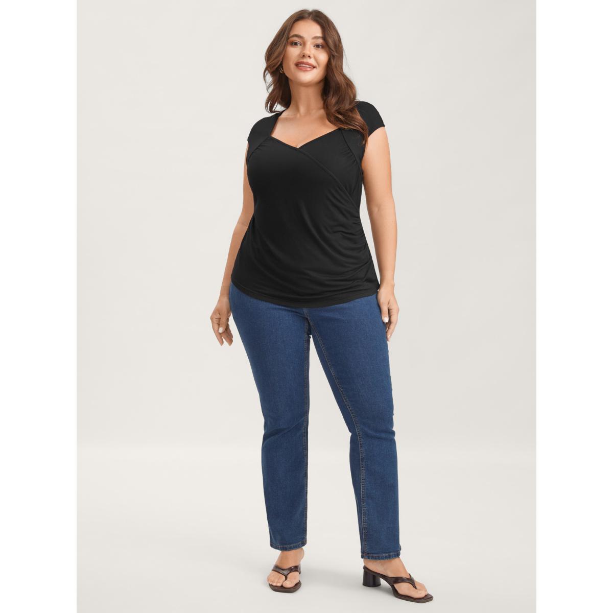 Plus Size Overlap Knit Sweetheart Neck T-Shirt Black Women Timeless Overlap Collar Elegant T-shirts BloomChic 28/5X Product Image