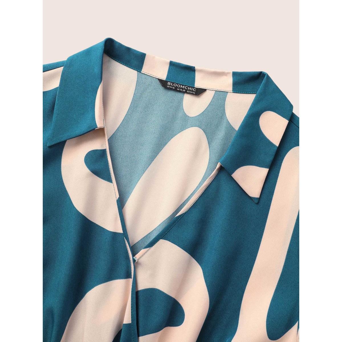 Plus Size Shirt Collar Contrast Geometric Belted Midi Dress Aegean Women At the Office Gathered Shirt collar Half Sleeve Curvy BloomChic 10/M Product Image