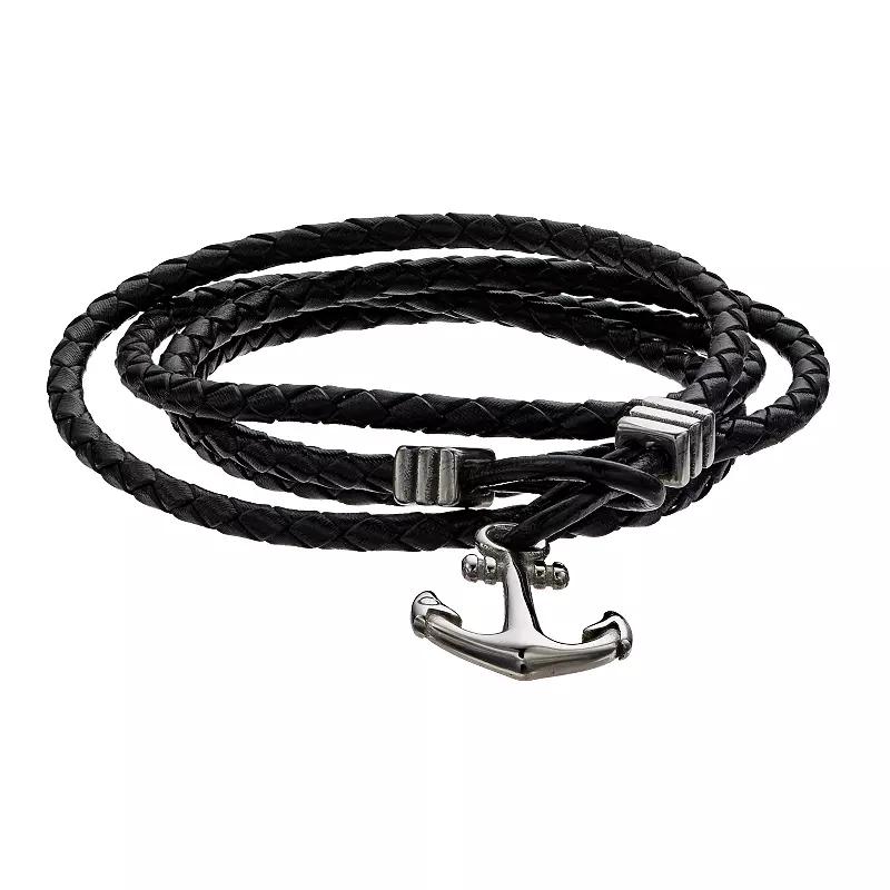 Men's Stainless Steel Anchor & Black Leather Wrap Bracelet, Size: 7.5" Product Image