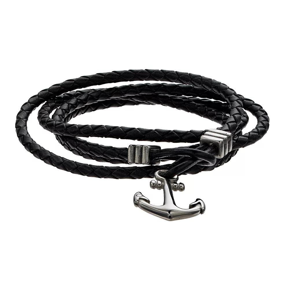 Men's Stainless Steel Anchor & Black Leather Wrap Bracelet, Size: 7.5" Product Image